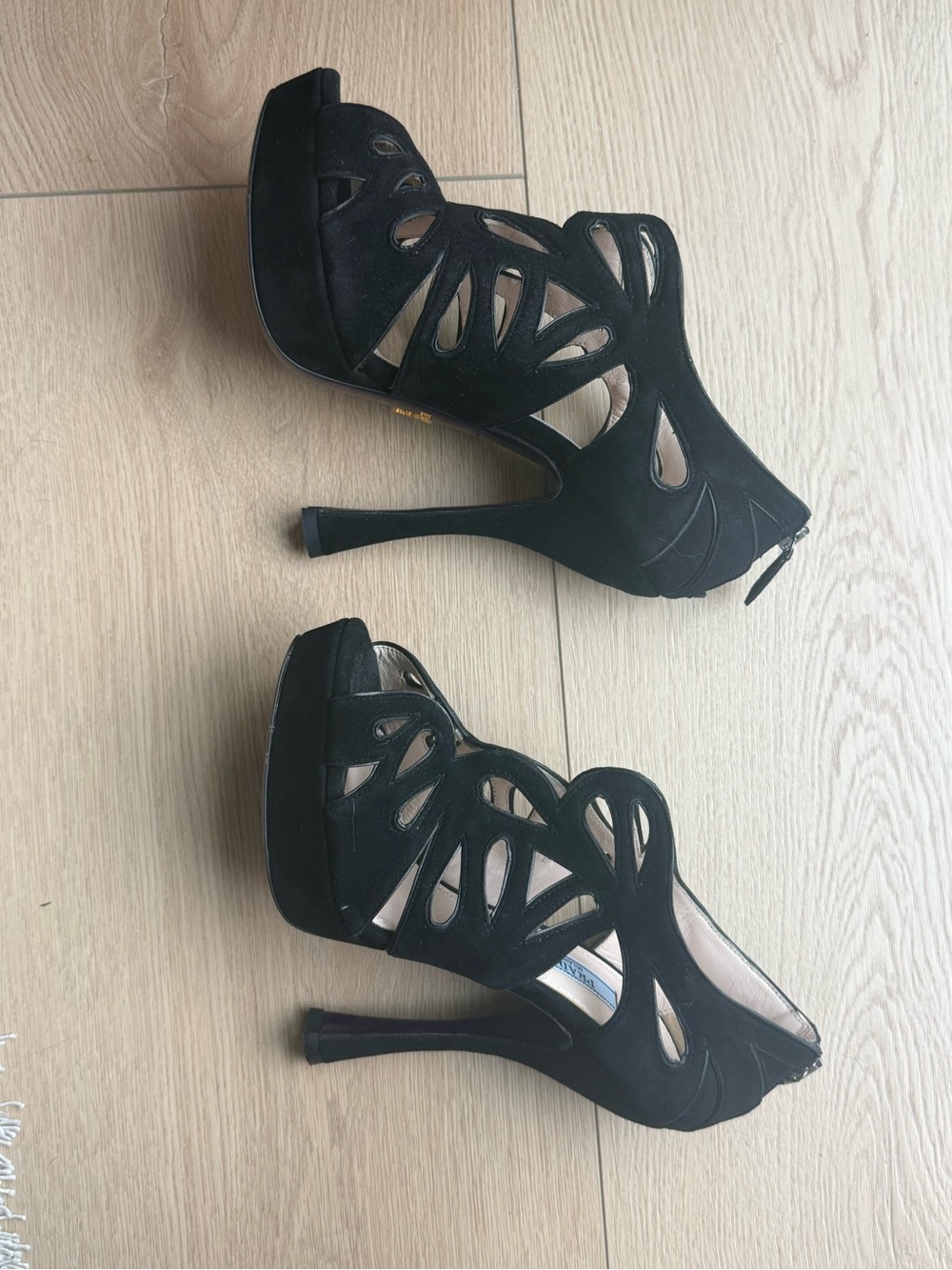 Prada Black Suede Cutout Platform Peep Toe Heels Size 37